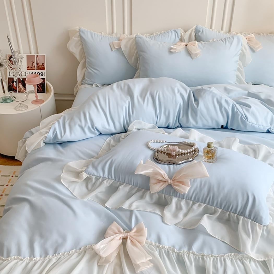 MOOWOO Ruffled Bedding Bow Duvet Cover Set with Butterfly Tie, Soft Brushed Microfiber Shabby Chic Bedding Set with Zipper Closure