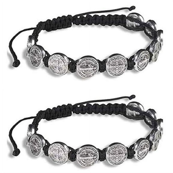 Black St Saint Benedict Medal Silver Tone 8" Adjustable Cord Bracelet Set of 2