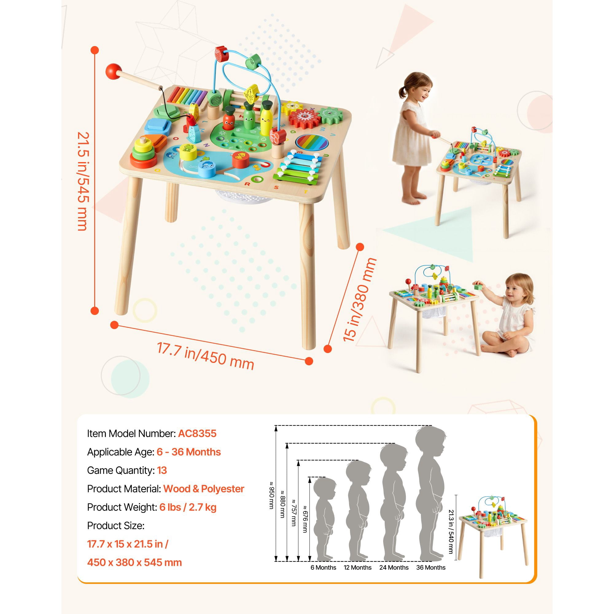 Montessori Activity Table for Toddler 1-3 Years Old, 13 in 1 Wooden Learn Activity Desk, Baby Play Table for Boys & Girls Aged 6+ Months, Great Birthday, Christmas, Children's Day Present