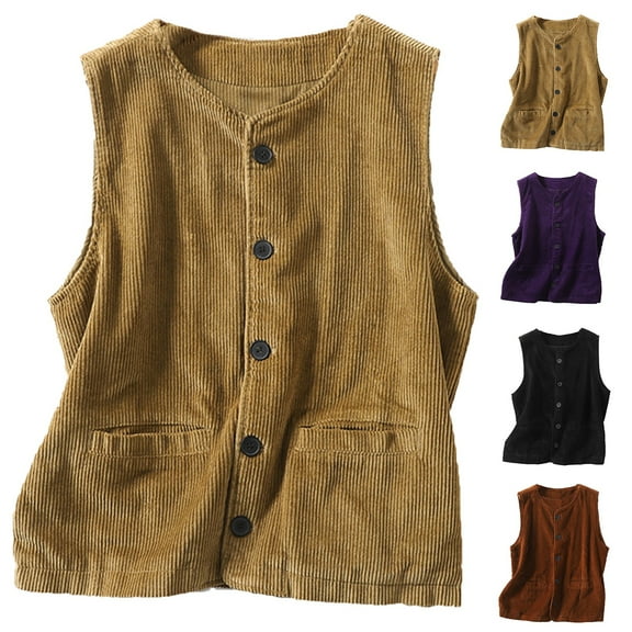 Qetyuw Corduroy Vest for Women Button Down V Neck Vests Sleeveless Lightweight Casual Jacket with Pockets