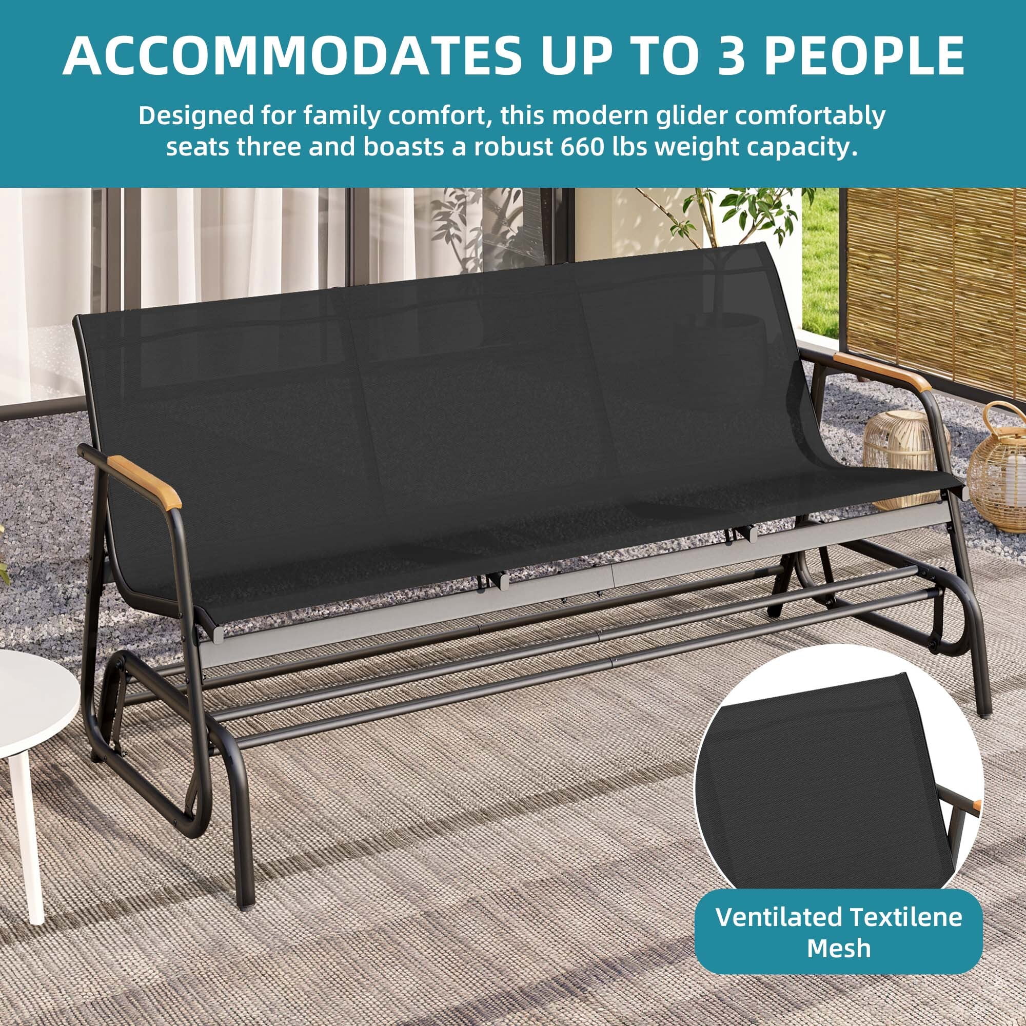 Uforic 3-Seat Patio Glider Bench, Outdoor Porch Swing with Breathable Textilene Mesh Fabric, Black