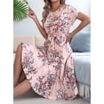 thumbnail image 4 of Women's Floral Elegant Pleated Midi Print Batwing Sleeve Tie Waist Dress for Daily Wear Pink S, 4 of 10