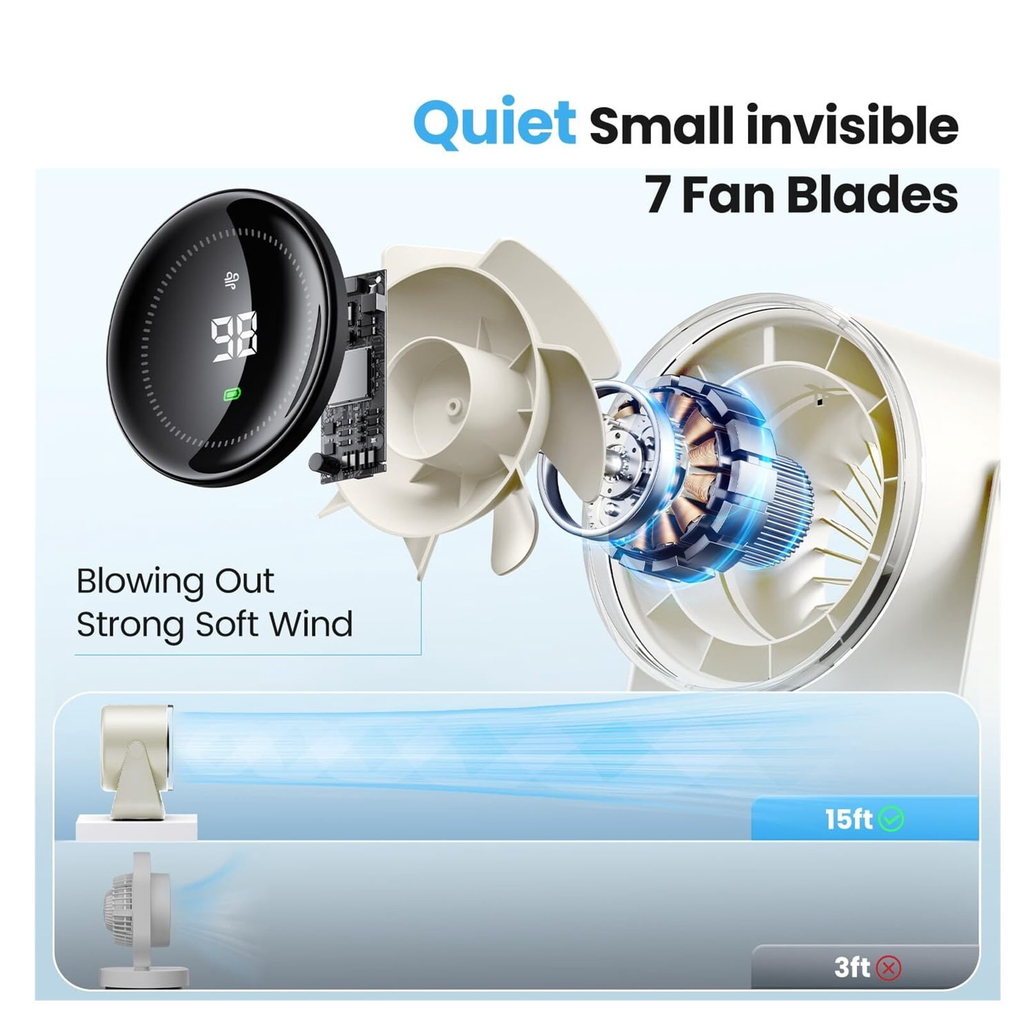 Desk Fan with Battery Operated, Quiet Digital Display Portable Fan for Office, Bedroom, Kitchen, Home, Outdoor, 100 Speeds 115° Tilt Small Travel Camping Table Fan,Bluish Black