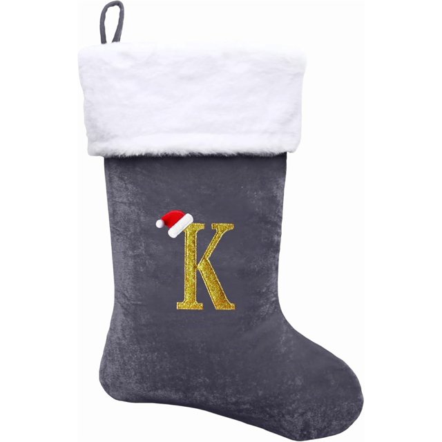 Dbfengbilian 21 Inches Christmas Stockings with Customizable Letters, Large Christmas Stockings with Super Soft Plush Cuff Embroidered Letter - Grey K