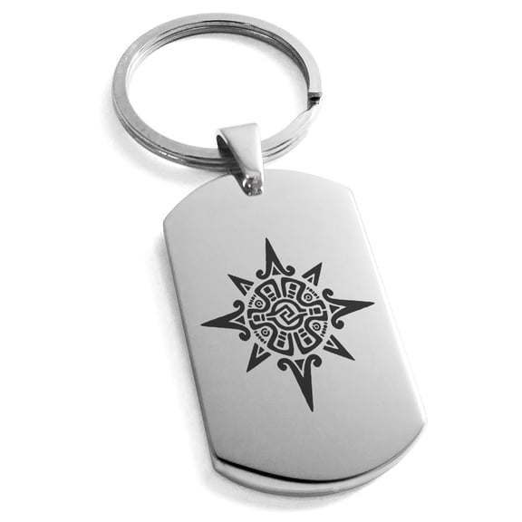 Stainless Steel Mayan Sun God Rune Engraved Dog Tag Keychain Keyring