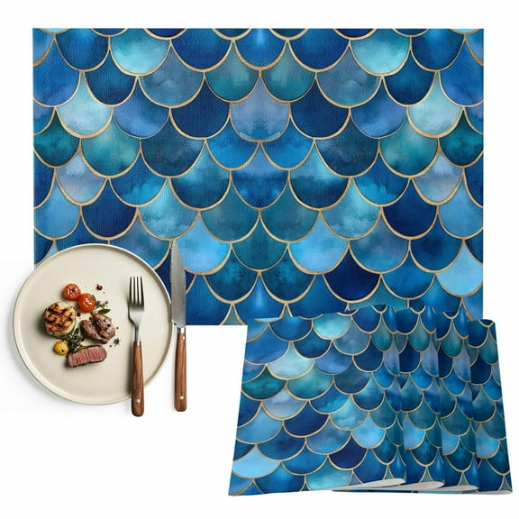 Boho Placemats Set of 8, Scallop Pattern Table Mats Washable Heat-Resistant Non-Slip Place Mats for Kitchen Dinner Table Indoor Outdoor Decor,13x19 Inch Blue