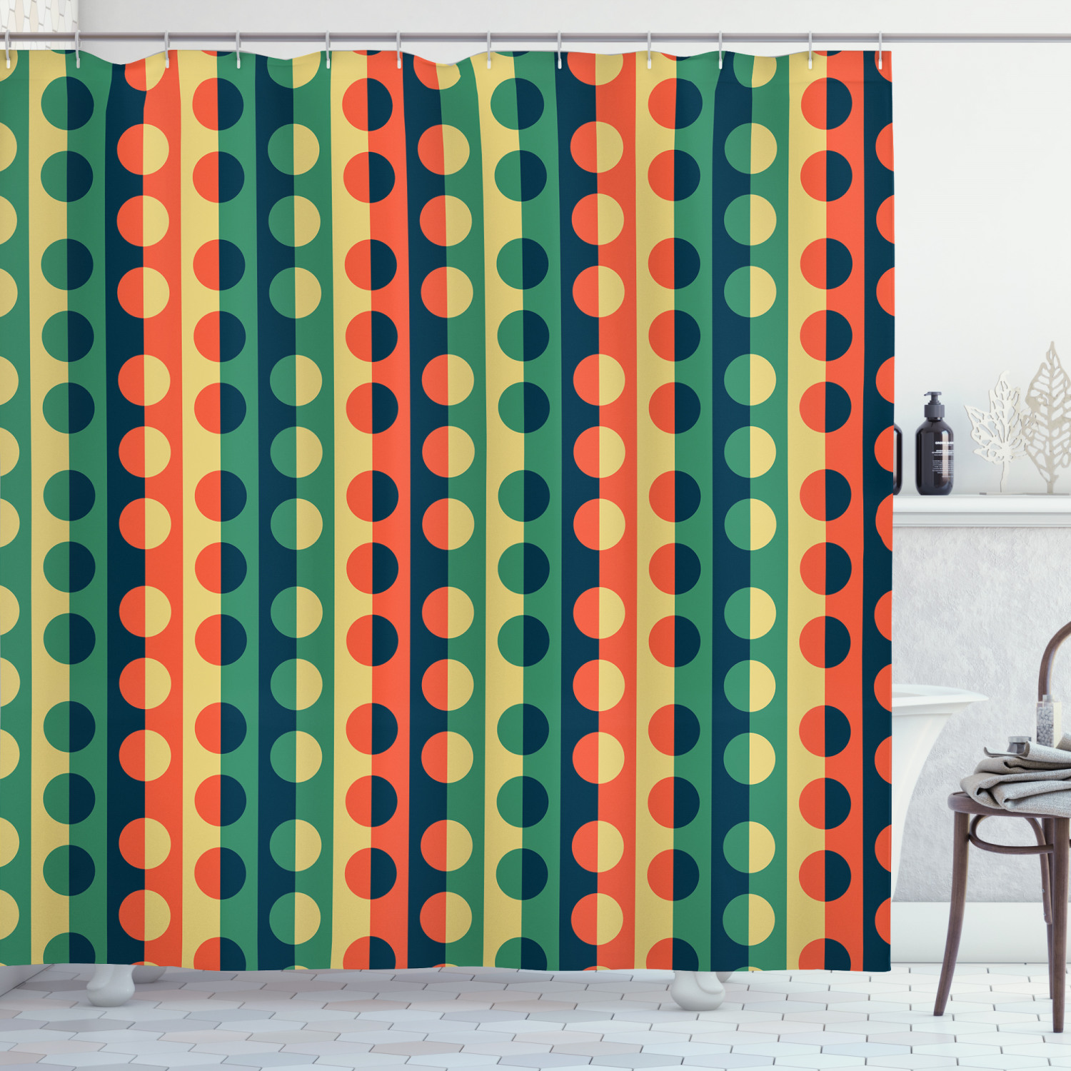 Geometric Circle Decor Shower Curtain, Pop Art Vertical Striped HalfPattern Ring Forms Retro