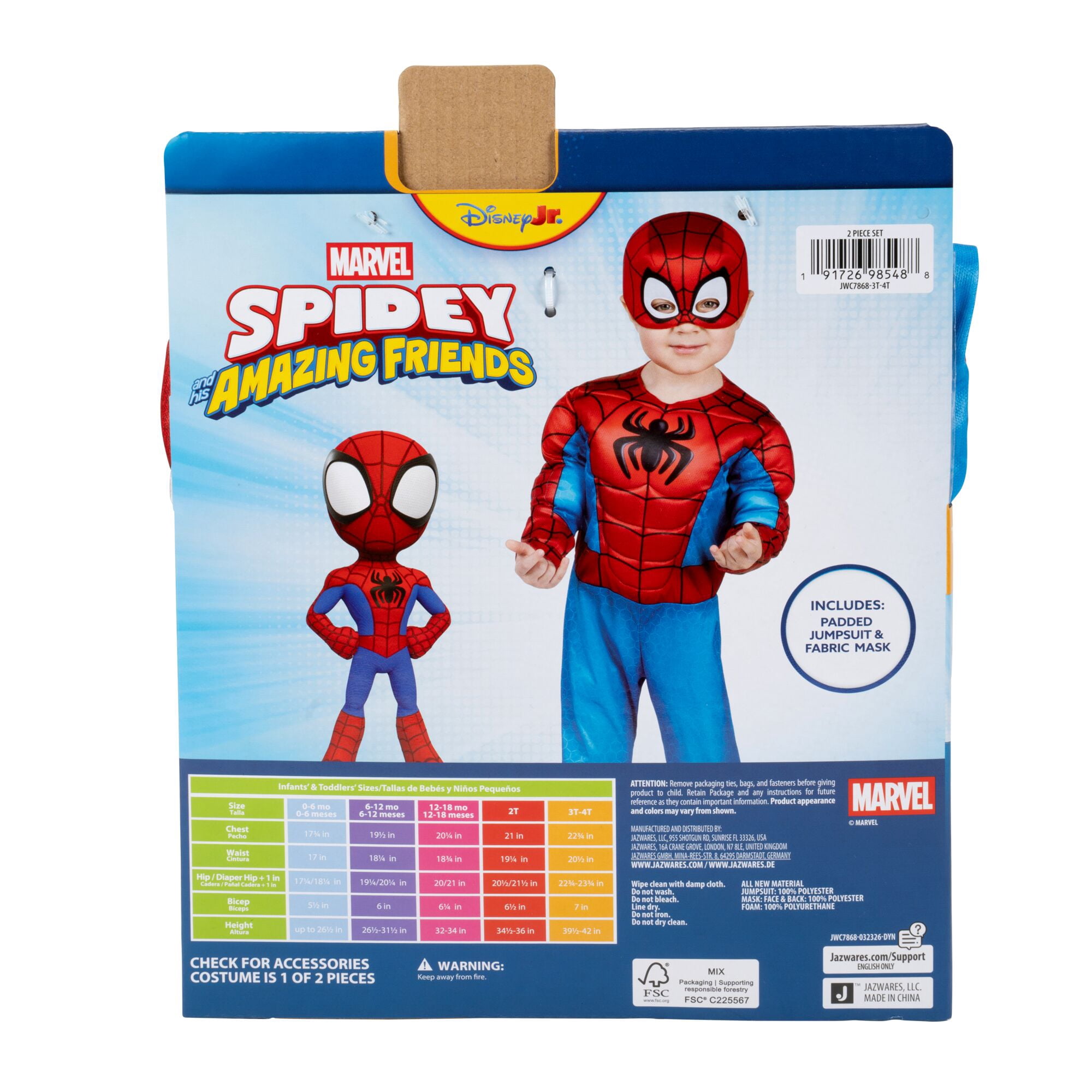 Marvel's Spiderman Halloween Costume for Toddler, Size 2T, by Jazwares