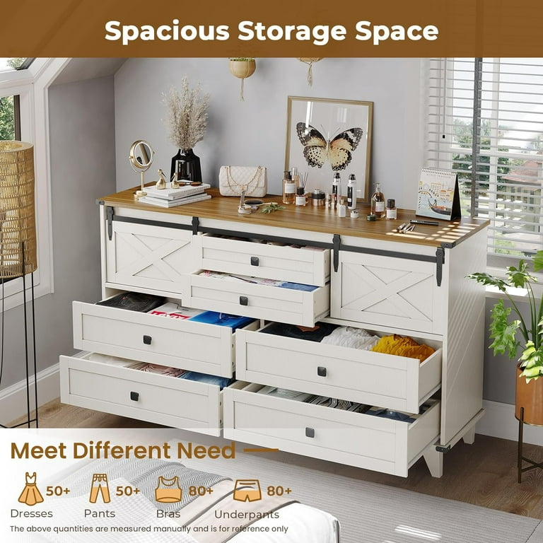 Farmhouse 6 Drawers Dresser with Sliding Barn Door,55.1'' Long Dresser, 4  Large and 2 Small Drawers, Sliding Barn Door, Solid Wood Legs for Entryway,  Bedroom, Living Room,White - Walmart.com