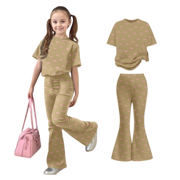 Girls Two Piece Outfits Short Sleeve Bow T-Shirt Top and Flared Pants Set Girls Summer Clothes for 7-8 Years Old Girls