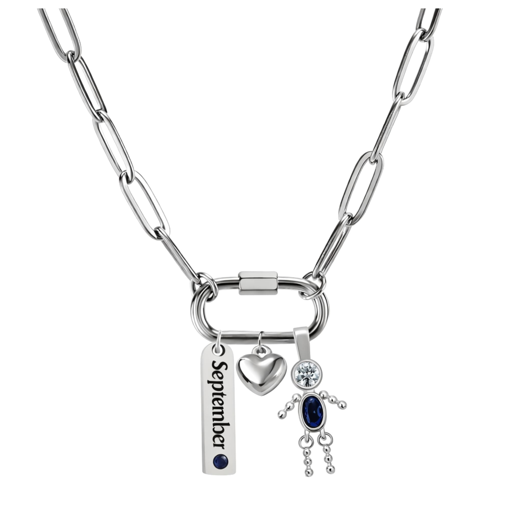 September Birthstone Necklace Silver Carabiner Charm for Grandma Ginger Lyne Paperclip Chain Stainless Steel CZ Gift for Mom