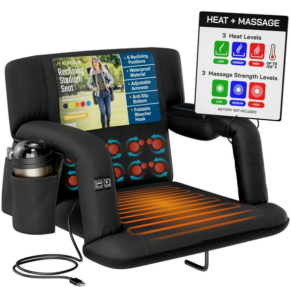 Alpcour Heated Massage Reclining Stadium Seat with Back Support and Side Pockets
