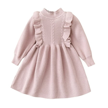 

Little Girls Dresses Kids Toddler Baby Long Sleeve Patchwork Solid Sweater Princess Dress Outfits