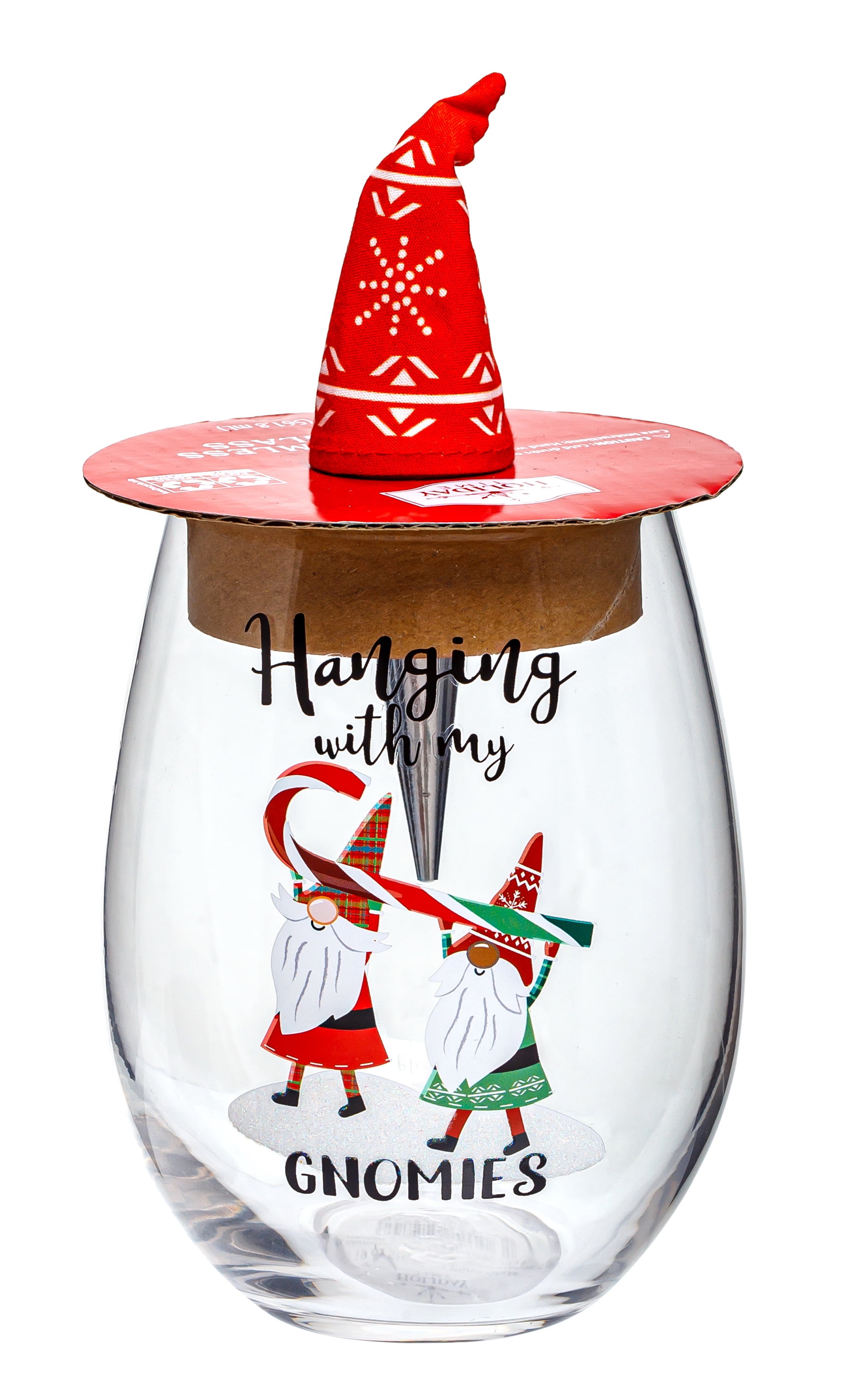 Holiday Time 19oz Gnomies Stemless Wine Glass with Red Hat-Top Bottle Stopper