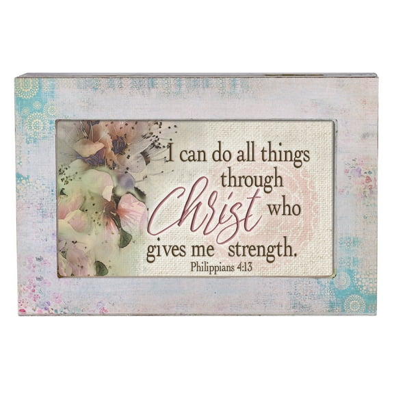 Do All Things Through Christ Aqua Medallion Jewelry Music Box Plays How Great Thou Art