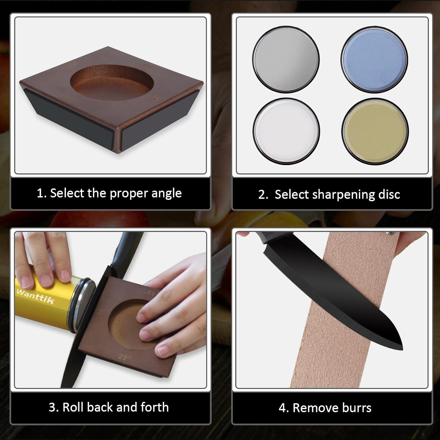 Rolling Knife Sharpener Kit, Upgraded Roller with Leather Strop for Kitchen Knives, 4-Disc Stone Sharpener 15-22 Degree Sharpening, Gold