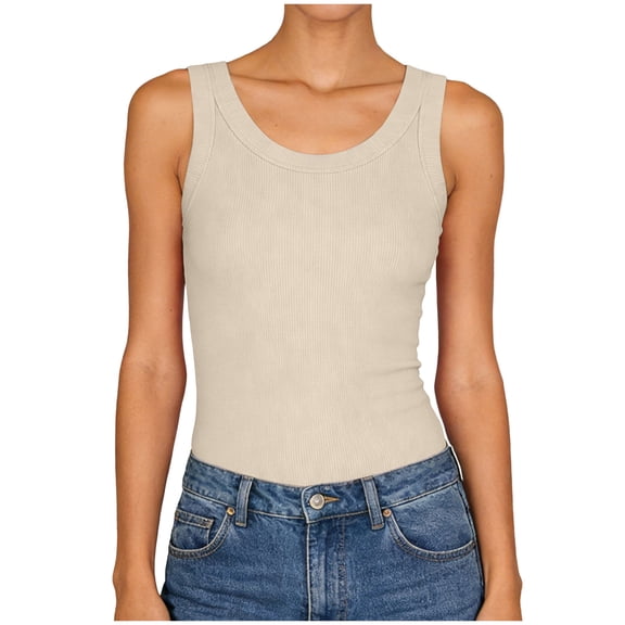 WUANDIXFA Tops for Women Trendy Womens Sleeveless Scoop Neck Tank Top Ribbed Fitted Summer Basic Slim Cute Tops 2026 Beige,S