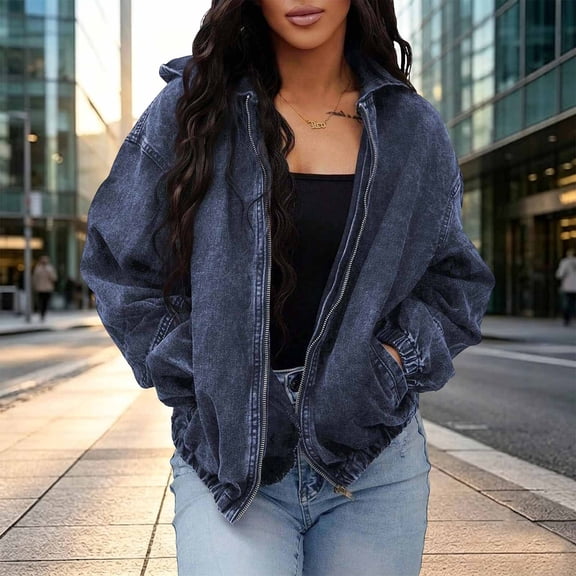 Women Vintage Washed Hooded Zip Jacket, Oversized Long Sleeve Elastic Hem Loose Casual Street Outerwear(Navy,L)