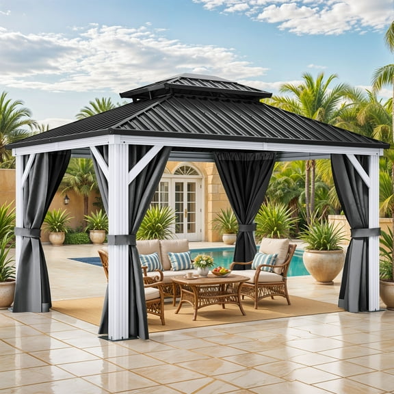 ModFusion Outdoor Canopy Gazebo - 10' x 12' Steel Top with Double Roof, Black and White with Gray Fabric