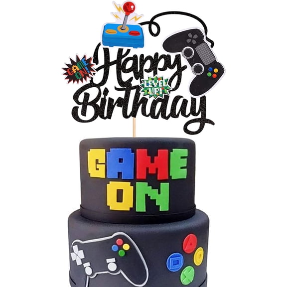 1 PCS Video Game Happy Birthday Glitter Video Game Cake Pick Game On Controllers GamePad Cake Decoration for Game Theme Baby Shower Kids Boys Girls Birthday Party Supplies Black