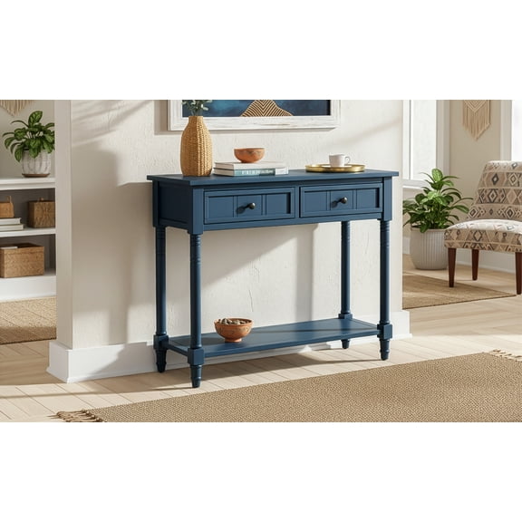 LifeSky Console Table with Drawers: Vintage Navy Blue Entryway Table - Traditional Design Pine Wood for Small Spaces & Hospitality Use