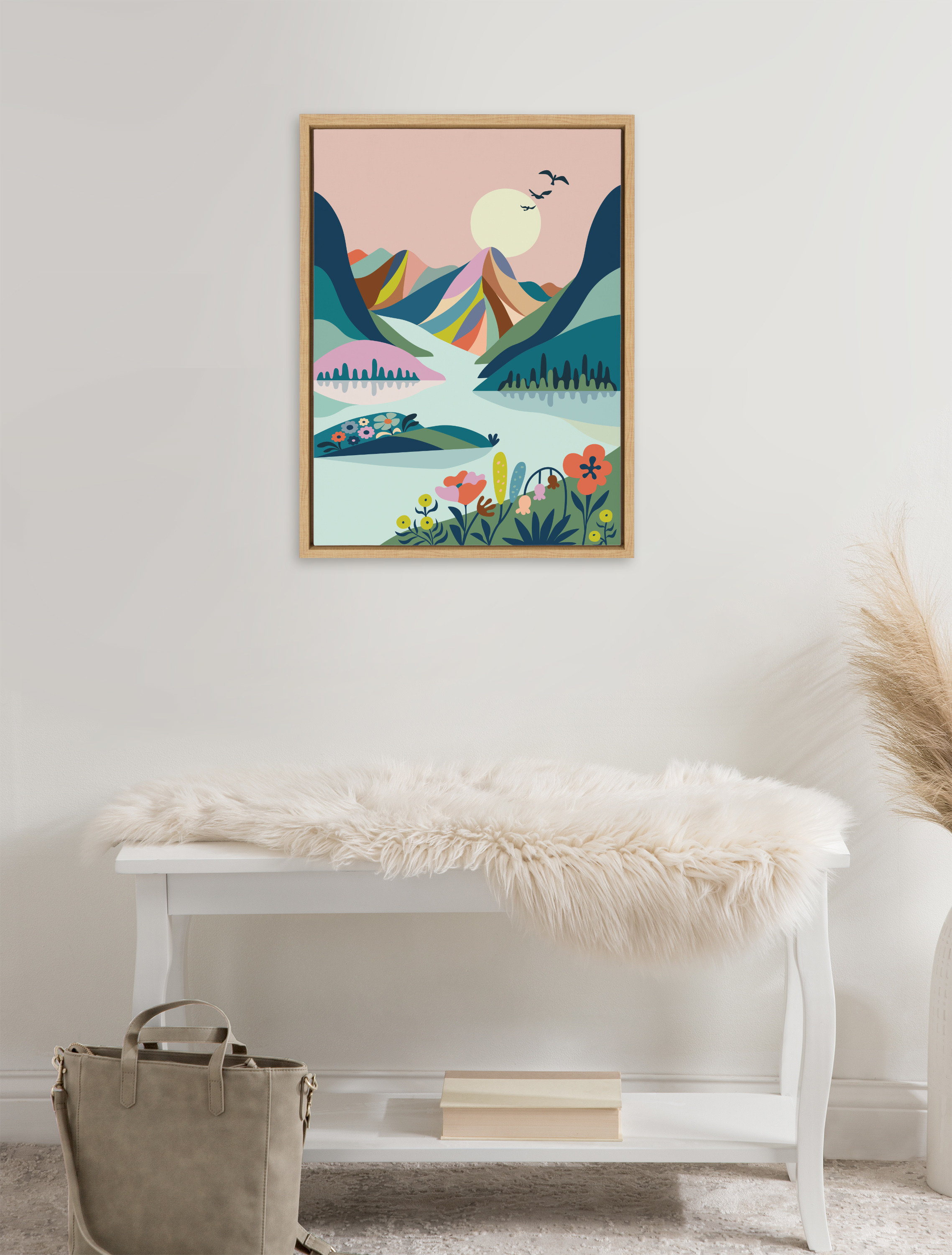 DesignOvation Sylvie Scenic Mountains Framed Canvas Wall Art by Rachel Lee, 18x24 Natural, Mid Century Modern Landscape Home Décor