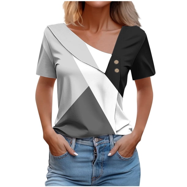 Tops de Algodón para Mujeres Cuello en V Casual de Manga Corta, Imitación Algodón Primavera Y Blusa de Verano