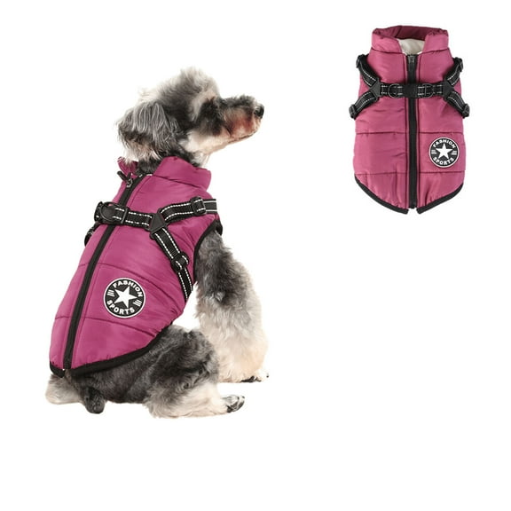 Small Dog Harness Jacket, Small Dog Coat Harness Winter Warm Fleece Lining Jacket, Waterproof Cotton Pet Costume for Puppy Small Dogs Purple S