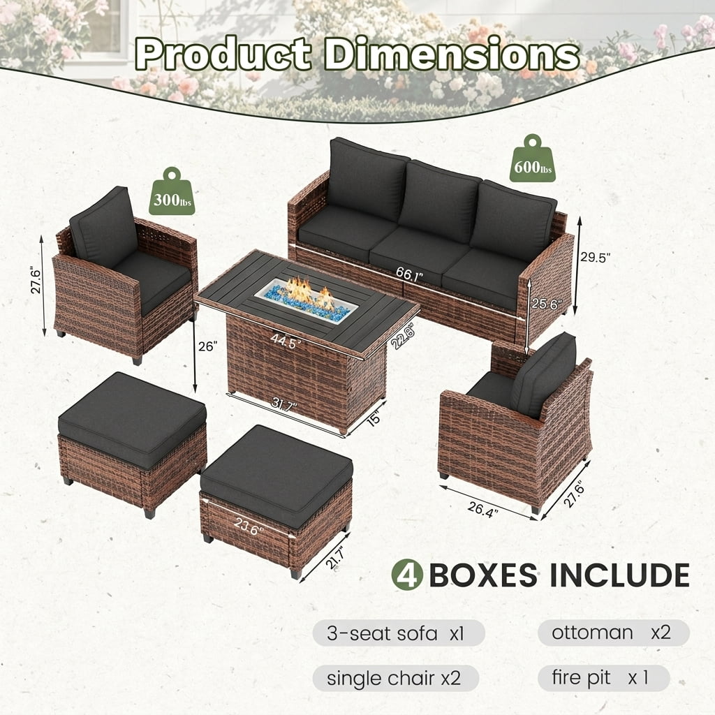 Poteban Outdoor Patio Furniture Set with 44" Fire Pit Table, 6 Pieces Sectional Conversation Sets, All-Weather Wicker Rattan Sofa Ottoman with 4" Thick Cushion for Garden Backyard Deck, Dark Grey