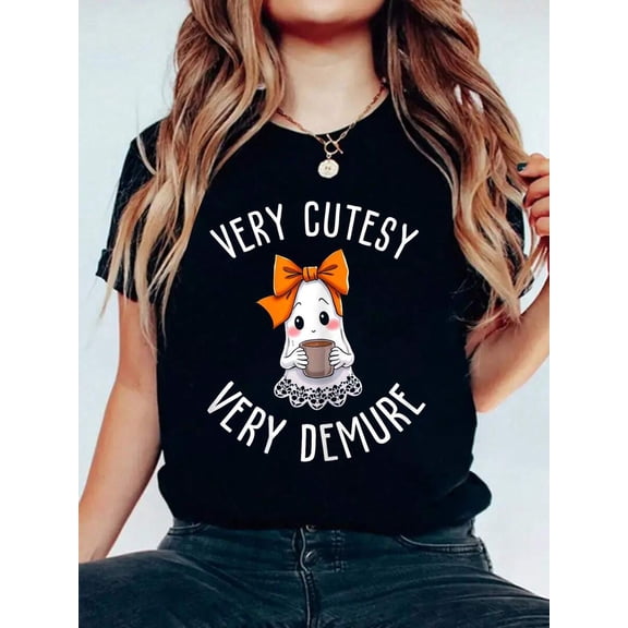 Very Cutesy Demure Cute Halloween Ghost With Coffee Cup T-Shirt Graphic Tees Tops For Women