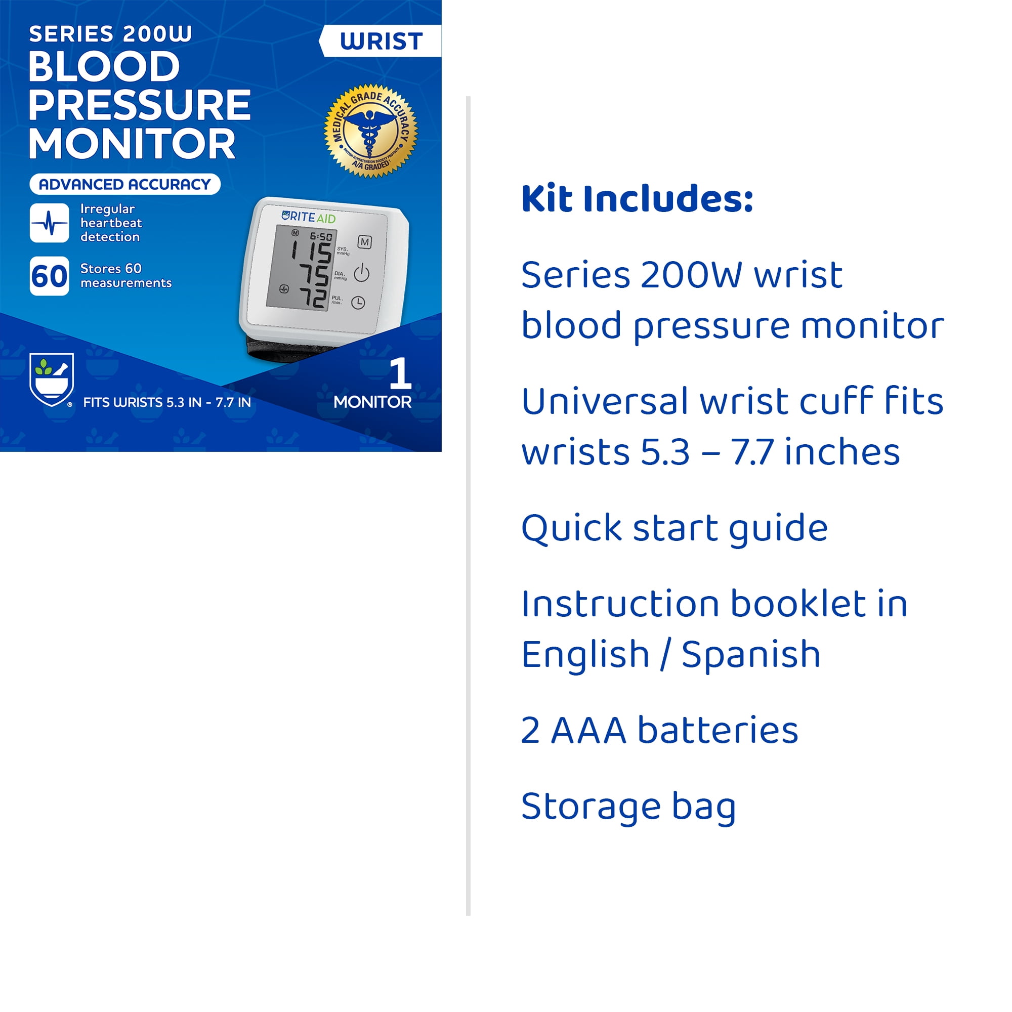 Rite Aid Series 200 Wrist Blood Pressure Monitor, Stores 60 Measurements