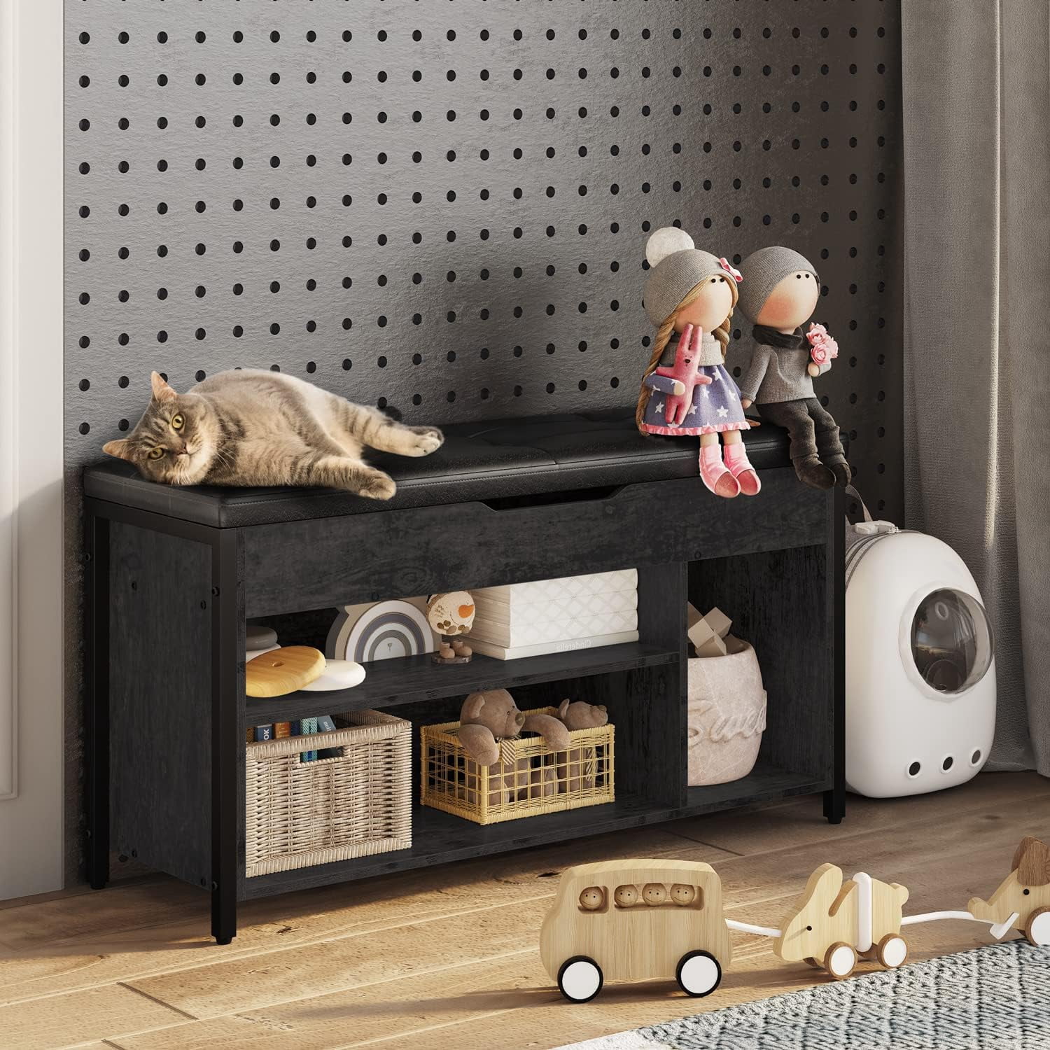 Shoe Bench, Lift Top Shoe Storage Bench, Adjustable Shelf Entryway Bench, Metal and Wood Shoe Rack Organizer with Cushion for Entry, Bedroom, Closet, Living Room, Hallway (Black, 35.5" W)