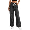 thumbnail image 2 of Risckoth Women's Plus Size Drawstring Elastic Waist Jeans Straight Leg Loose Fit Side Pockets Solid Casual Long Pants S-2XL, 2 of 7