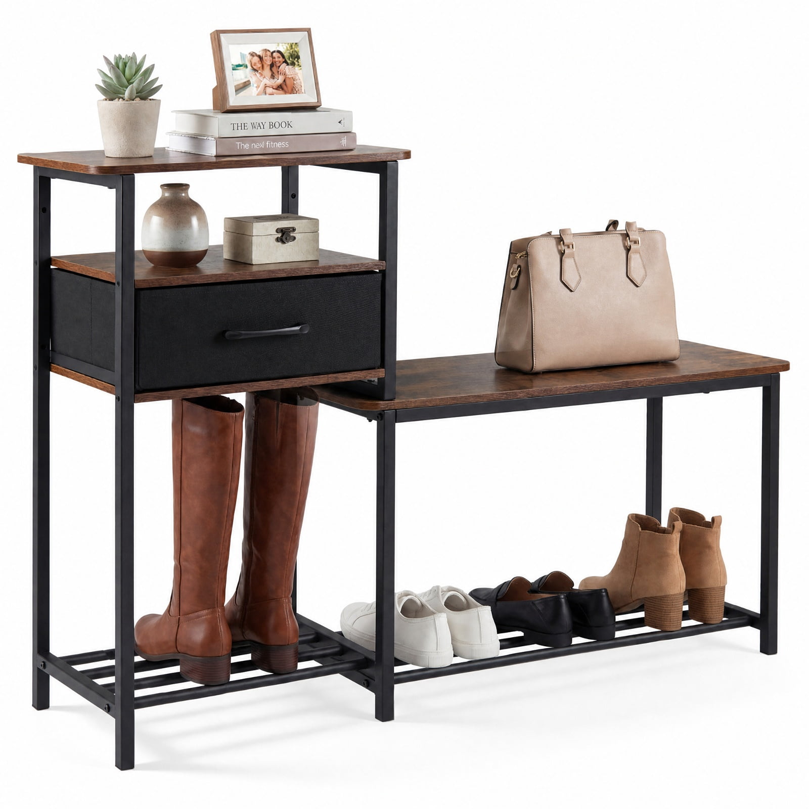Furnibear 3 Tier Shoe Storage Rack Bench with Fabric Drawer and Metal Frame for Entryway Shoe Bench with Storage, Rustic Brown
