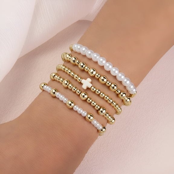 DESIGNICE Gold Beaded Bracelet Stack Non Tarnish Cross Pearl Stretch Jewelry for Women Teen Girls Birthday Christmas Gifts Stocking Stuffers
