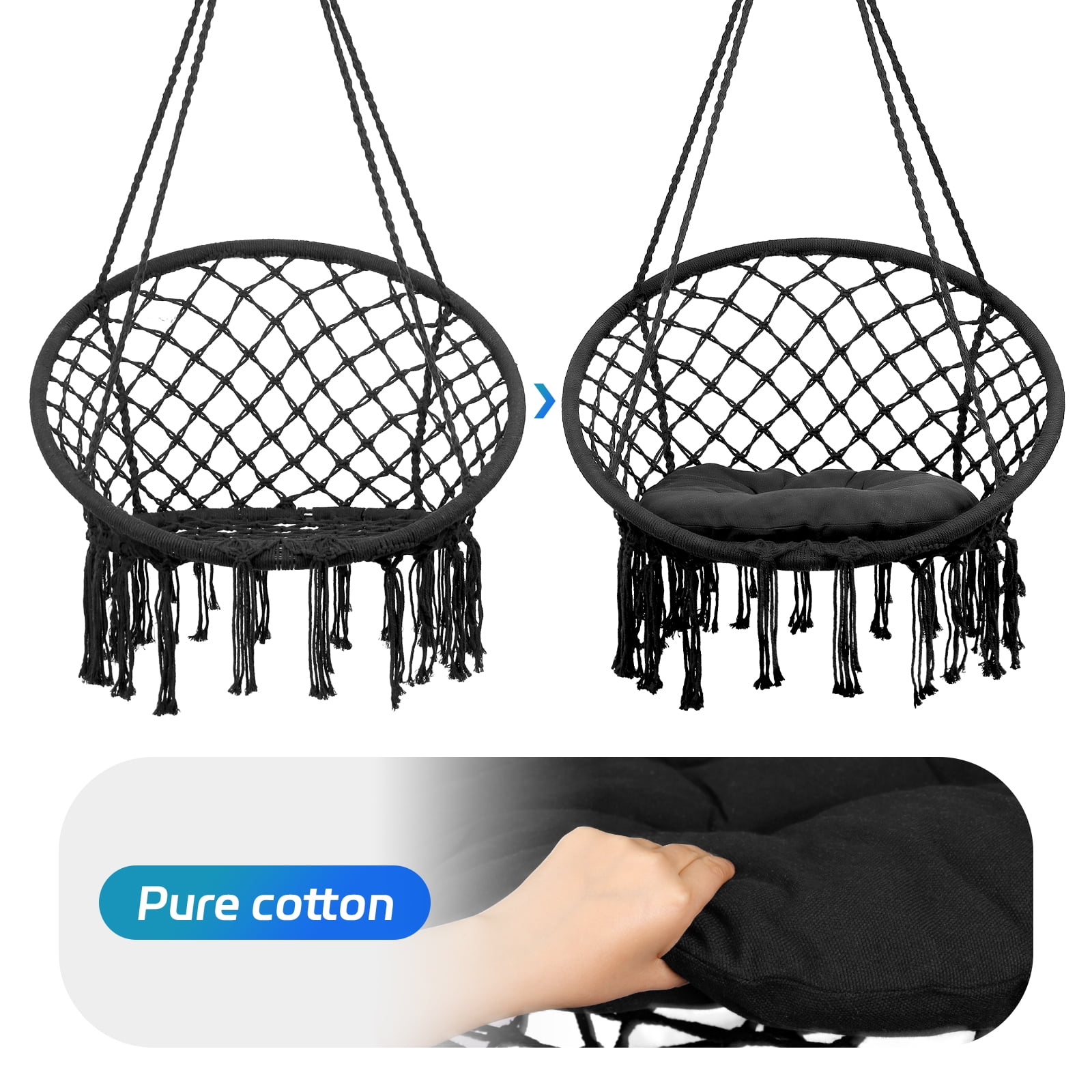 Chair Rope Swing Macrame Hammock, Hanging Cotton Kits - Hand-Woven Rope, Steel Spreader Bar Anti-Slip Rings, Black, Safe, Soft, Durable, for Porch Bedroom