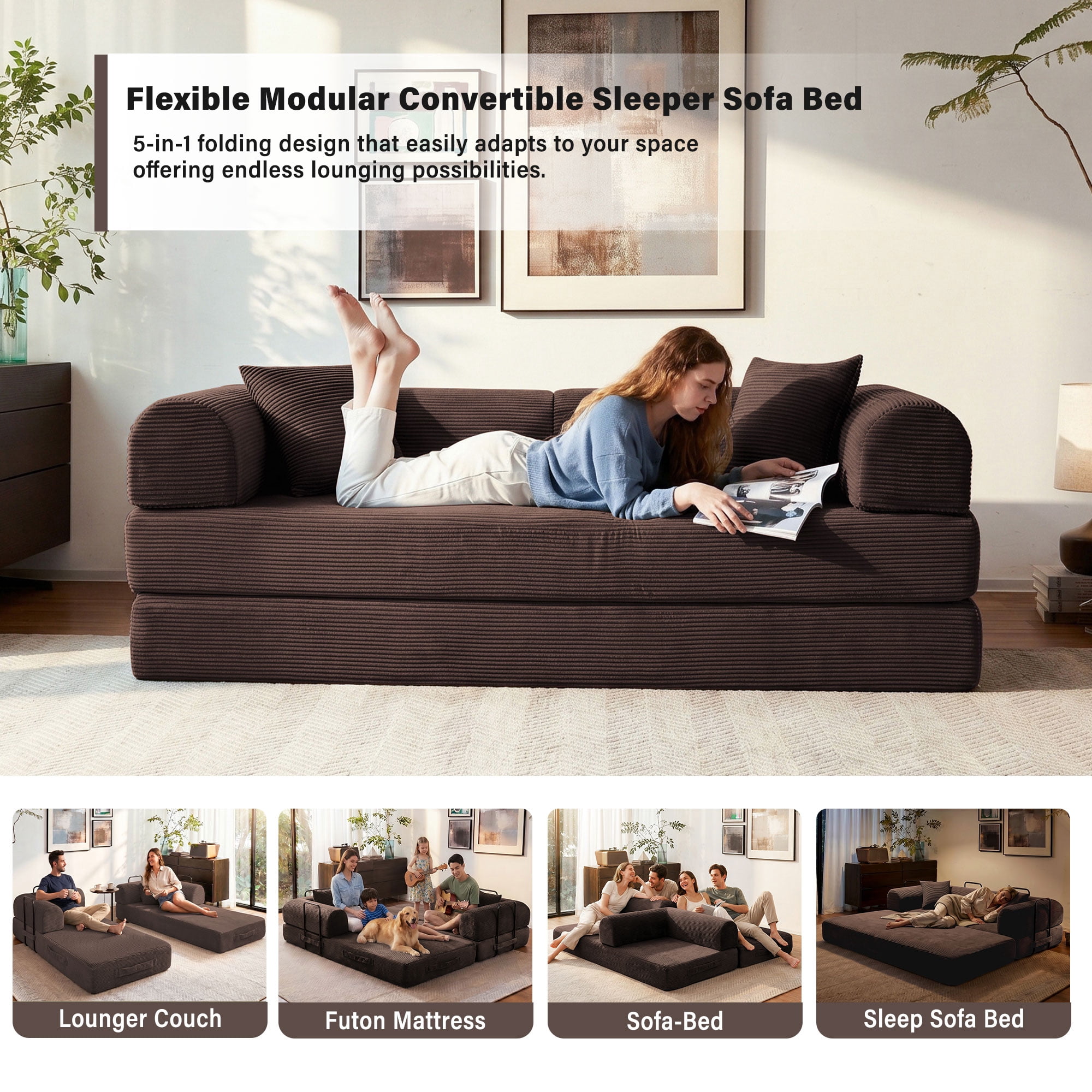 5-in-1 Folding Convertible Sofa Bed, 79" Corduroy Floor Couch Futon, Pull-Out Sleeper Loveseat, Modular Boneless Sofa for Living Room & Bedroom, Brown