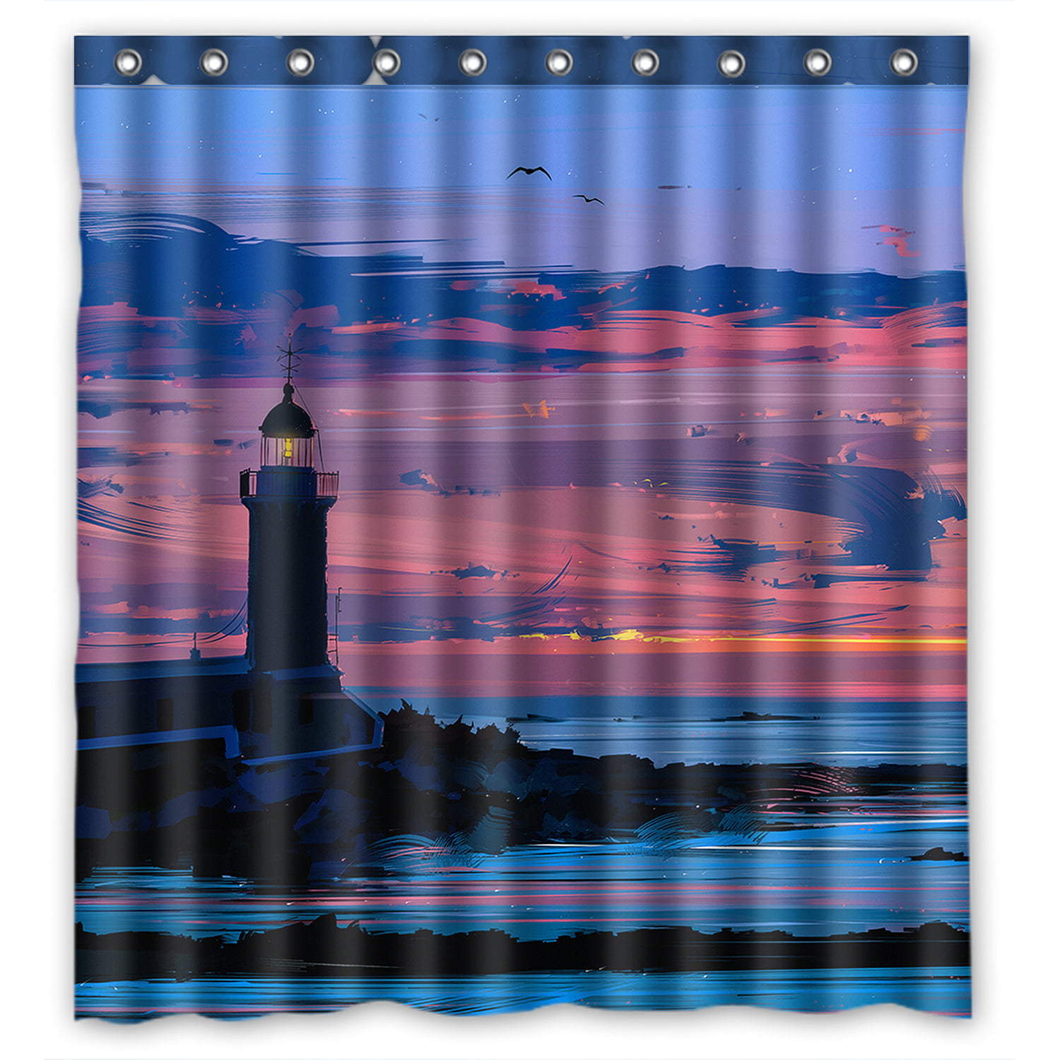 Nautical Ocean And Lighthouse Waterproof Polyester Fabric Shower Curtain 71Inch 