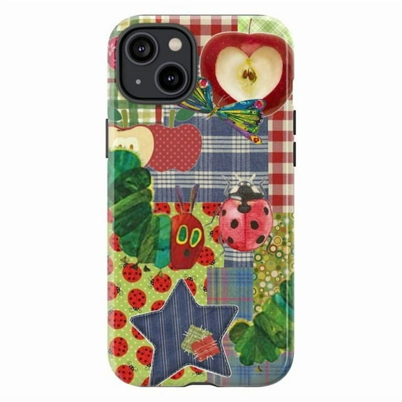 Cute Worm and Ladybug Phone Case, Colorful Patchwork Nature Design, Cute Apple and Butterfly Illustration iPhone Cover for iPhone 17 16 15 14 13 12 11 Plus Pro Max Mini