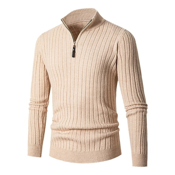 Yiliang Quarter Zip Half Zip Sweater for Men Fall and Winter Long Sleeve Warm and Thermal Top Clothes ,Beige,2XL