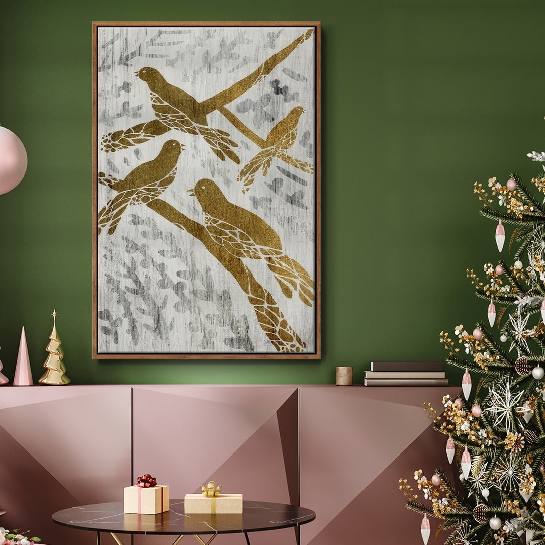 Four Calling Birds - Gold Leaf Holiday - Framed Gallery Wrapped Holiday Canvas - 27 x 41 - Rosewood Frame