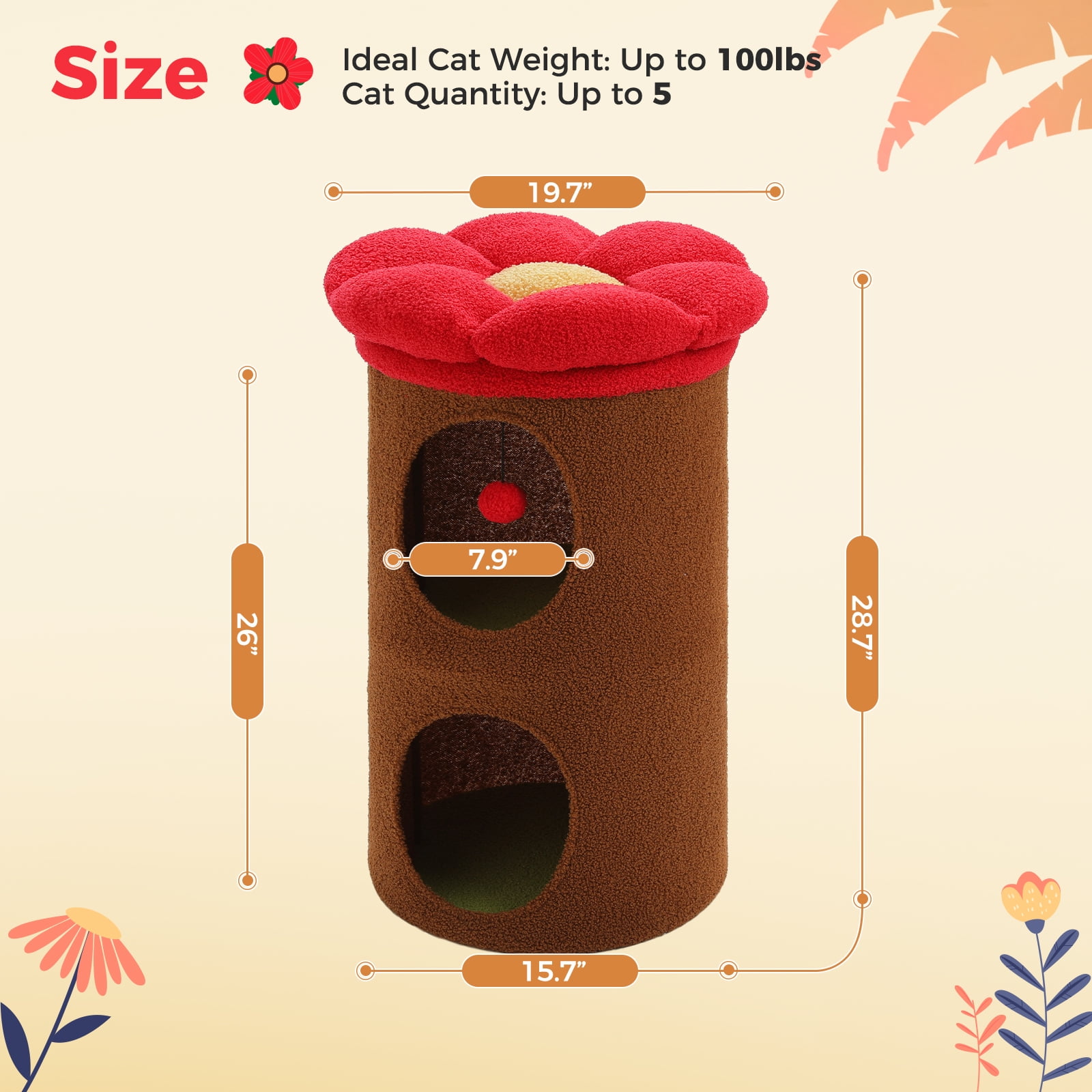 Pefilos 28" 2-Level Cat House Condo with Tree, 2 Cave Bed & Removable Flower Cat Cushion, Brown
