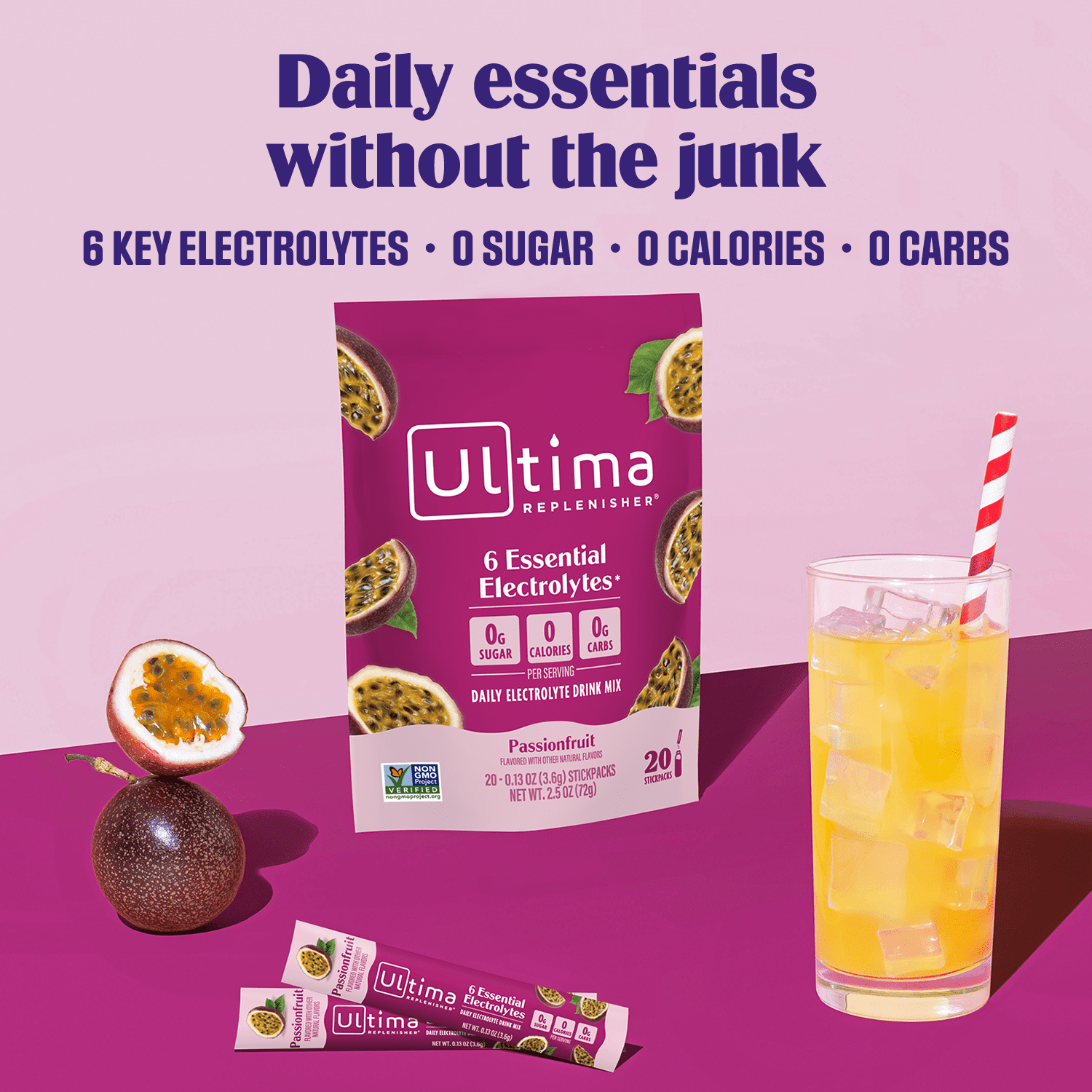 Ultima Replenisher Hydration Electrolyte Drink Mix Powder Packets, Sugar-Free Passionfruit, 20 Ct
