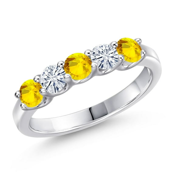 Gem Stone King 925 Sterling Silver Yellow Sapphire and White Moissanite Wedding-Bands Ring for Women | 0.80 Cttw | Round 3.5MM | Gemstone September Birthstone | Size 5
