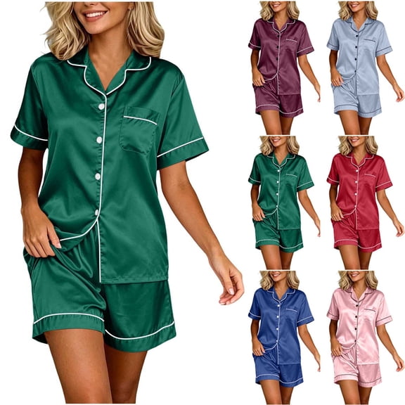 NominalSnug Satin Pajamas Sets for Women Short Sleeve Button down Shirts Wide Leg Shorts with Pockets Loungewear