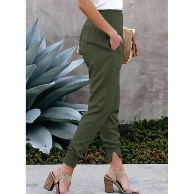 Split Hem Pants, Polyester Pocket Casual Pants Pure Color Washable For Women For Daily Life Work Green M
