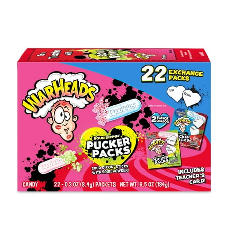 Warheads Sour Dippin' Pucker Packs 6.5oz 22pk Valentines Classroom Exchange Box