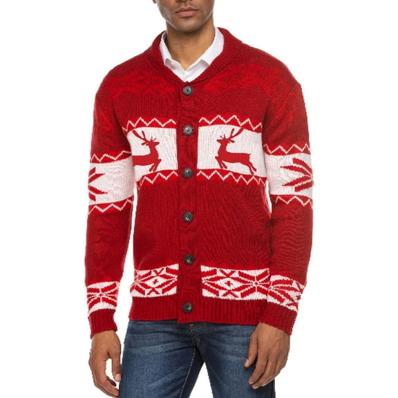 Coshow Men's Christmas Cardigan Long Sleeve Ugly Xmas Reindeer Snowflake Cardigan with Shawl Collar