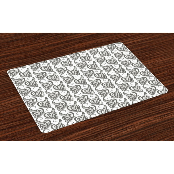 Grey and White Placemats Set of 4 Artistic Swirling Leaves Flower