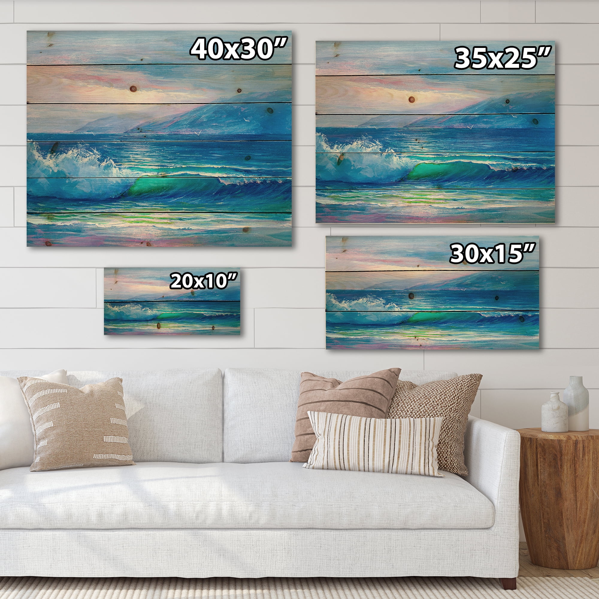 Designart 'Blue Waves Breaking At The Beach Landscape II' Nautical & Coastal Print on Natural Pine Wood